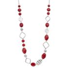 Red Bead, Hammered Disc & Open Marquise Long Necklace, Women's