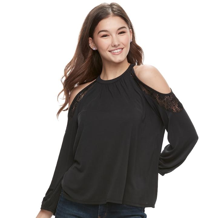 Juniors' Mudd&reg; Cold-shoulder Lace Inset Top, Teens, Size: Small, Black