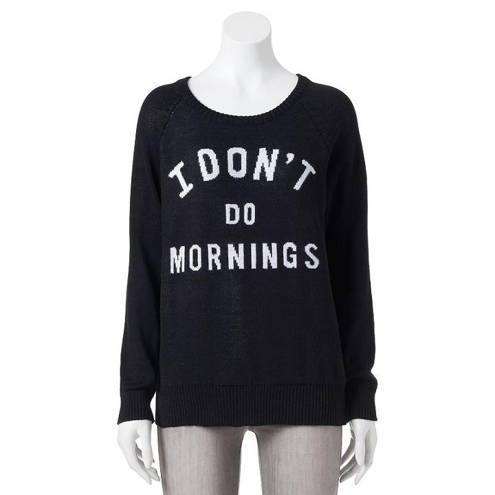 Juniors' I Don't Do Mornings Graphic Sweater, Girl's, Size: Small, Black