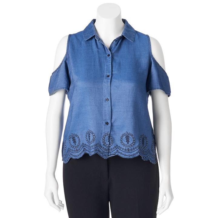 Juniors' Plus Size Heartsoul Cold-shoulder Chambray Top, Girl's, Size: 3xl, Blue (navy)