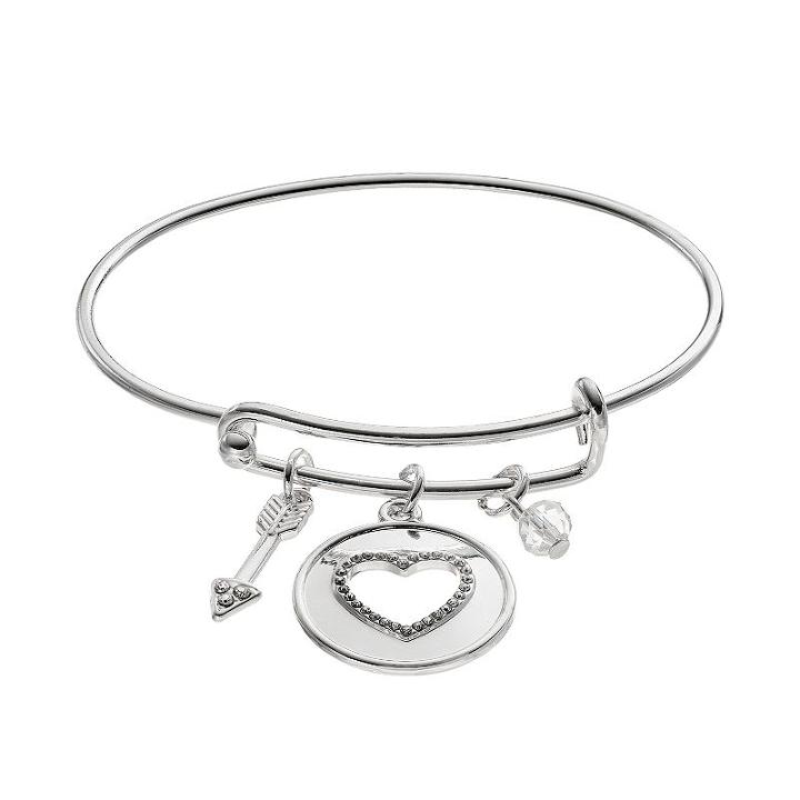 Heart & Arrow Charm Bangle Bracelet, Women's, Silver