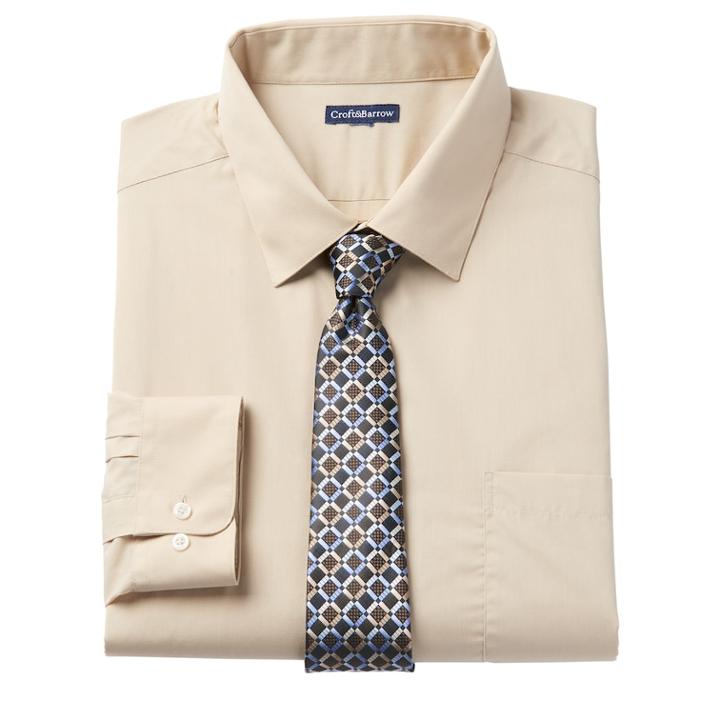 Men's Croft & Barrow&reg; Fitted Stretch-collar Dress Shirt And Patterned Tie Boxed Set, Size: L-32/33, Beig/green (beig/khaki)