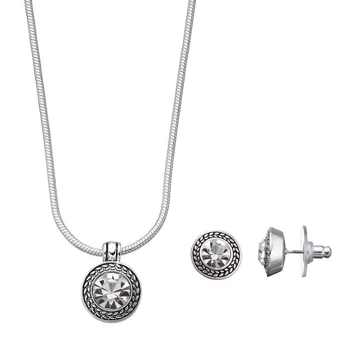 Napier Textured Halo Round Pendant Necklace & Stud Earring Set, Women's, Silver