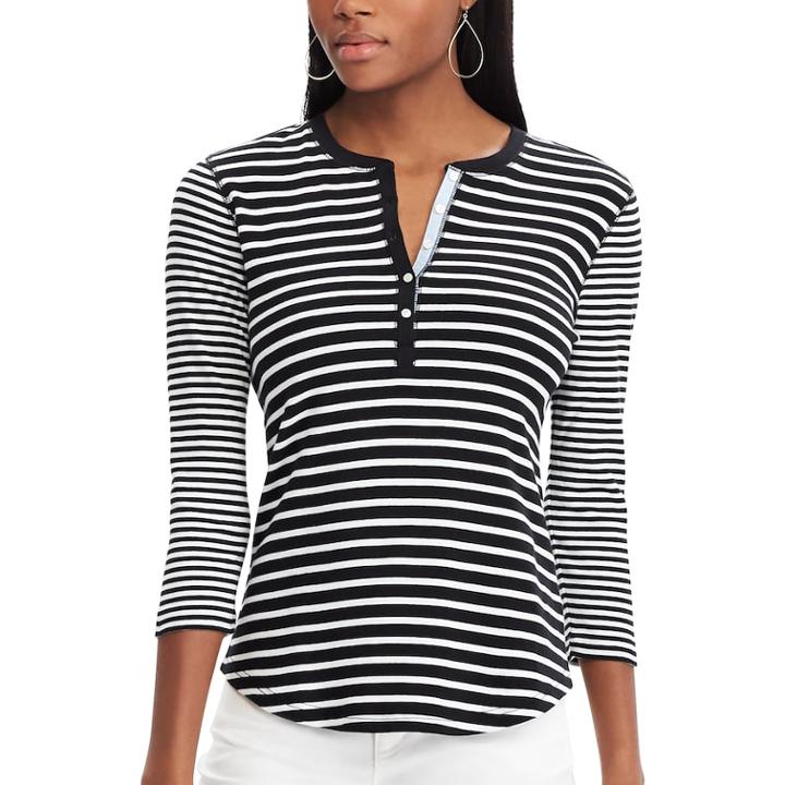 Women's Chaps 3/4-sleeve Henley, Size: Medium, Black