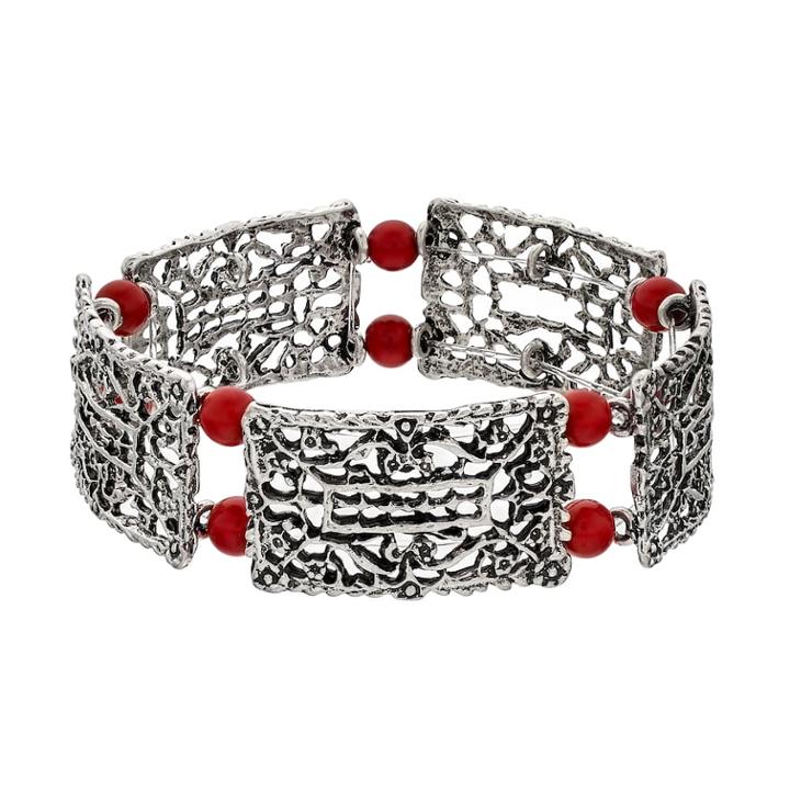 Red Beaded Openwork Stretch Bracelet, Women's, Light Red