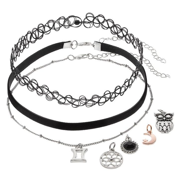 Mudd&reg; Gemini, Owl & Crescent Interchangeable Charm Choker Necklace Set, Women's, Black