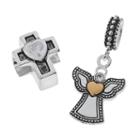 Individuality Beads Two Tone Sterling Silver Cubic Zirconia Cross Bead & Crystal Angel Charm Set, Women's, Grey