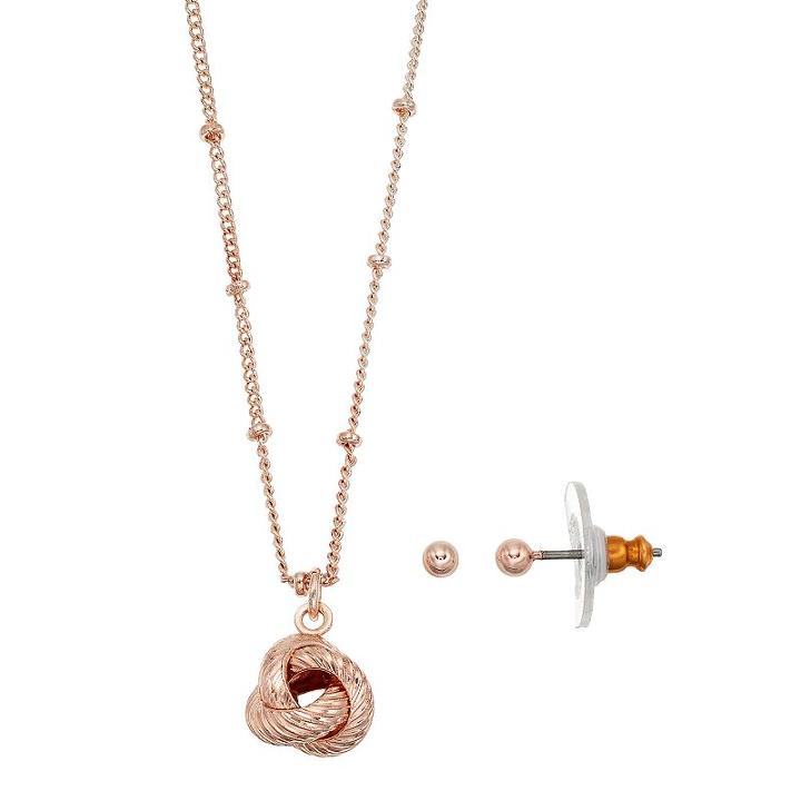 Lc Lauren Conrad Love Knot Pendant Necklace & Ball Stud Earring Set, Women's, Light Pink