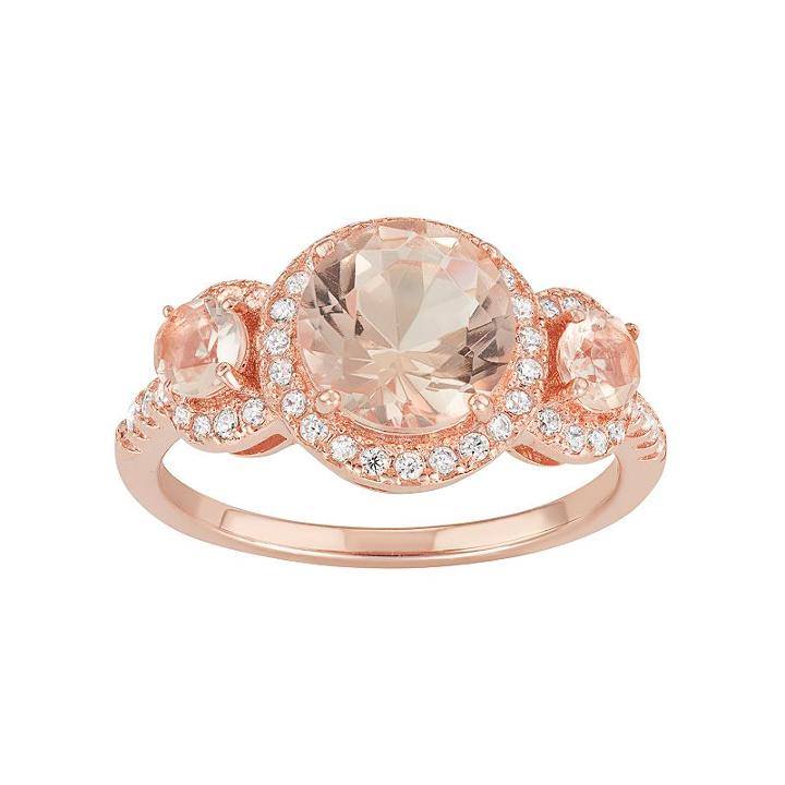 14k Rose Gold Over Silver Simulated Morganite & Cubic Zirconia 3-stone Ring, Women's, Size: 7, Pink