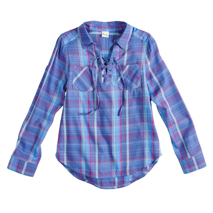 Girls 7-16 & Plus Size Mudd&reg; Lace-up Popover Chambray Shirt, Size: 18 1/2, Med Blue