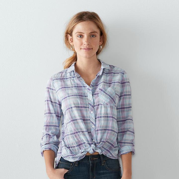 Women's Sonoma Goods For Life&trade; Plaid Tie-front Shirt, Size: Large, Lt Purple