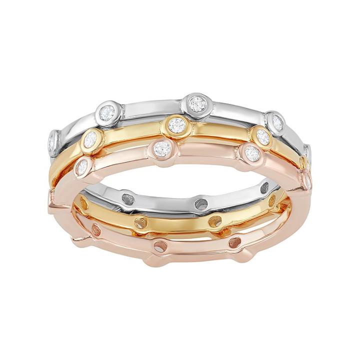 Tri-tone Sterling Silver Cubic Zirconia Stack Ring Set, Women's, Size: 7, White