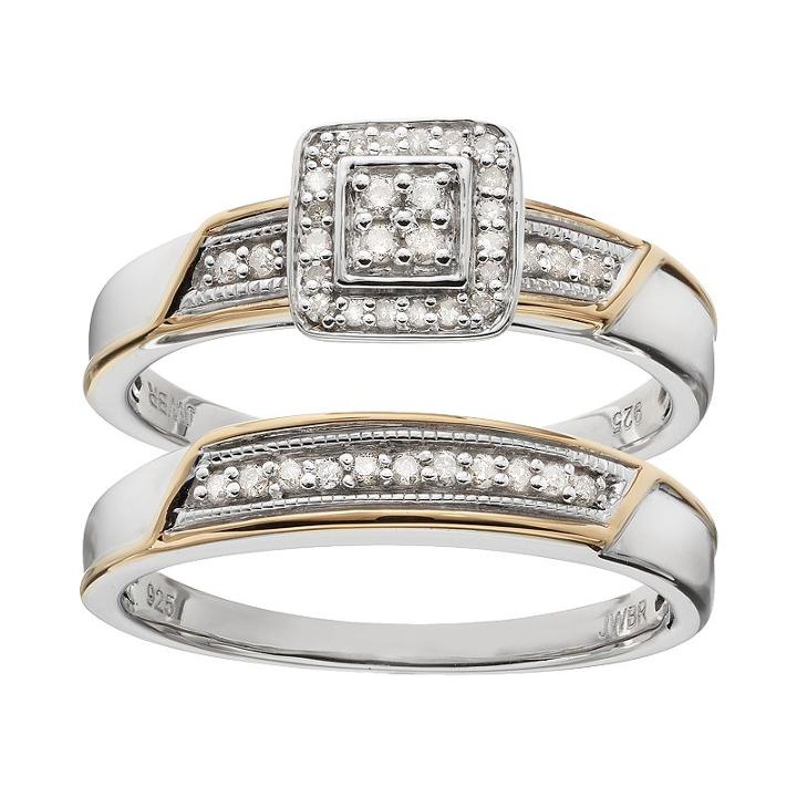 Always Yours Two Tone Sterling Silver 1/5 Carat T.w. Diamond Square Halo Engagement Ring Set, Women's, Size: 6, White