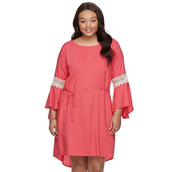 Juniors' Plus Size Wrapper Lace Bell Sleeve Shift Dress, Teens, Size: 1xl, Lt Orange