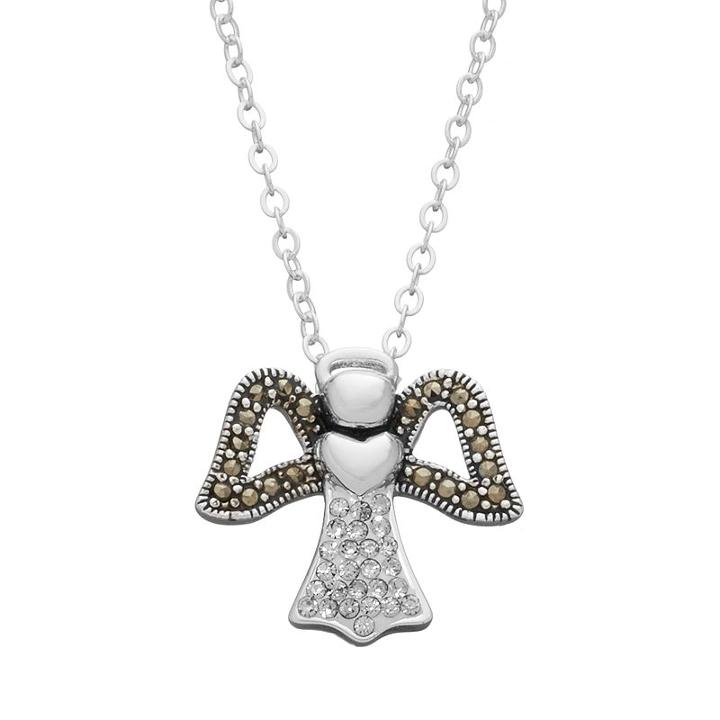 Silver Luxuries Marcasite & Crystal Angel Pendant Necklace, Women's, Grey