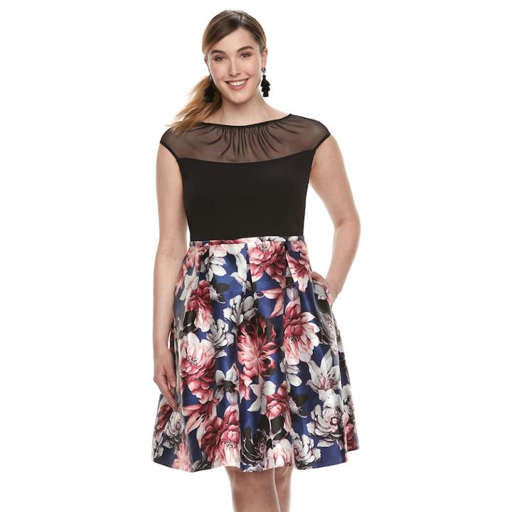 Plus Size Chaya Cap-sleeve Mesh Dress, Women's, Size: 14 W, Black Rose Floral