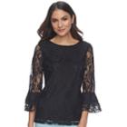 Women's Elle&trade; Lace Bell-sleeve Top, Size: Small, Black