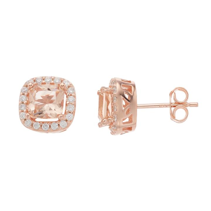 14k Rose Gold Over Silver Pink & White Cubic Zirconia Cushion Halo Stud Earrings, Women's