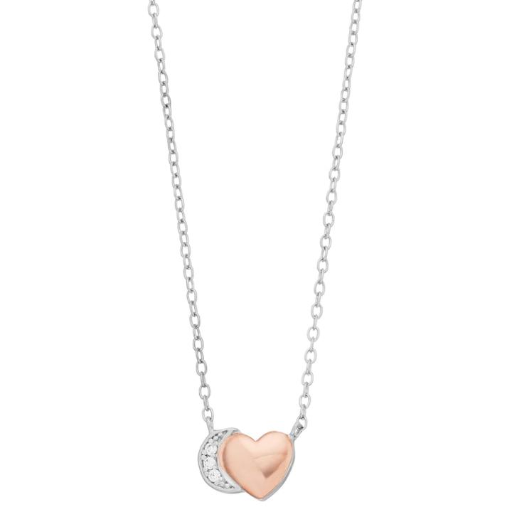Close At Heart Two Tone Sterling Silver Cubic Zirconia Heart & Moon Necklace, Women's