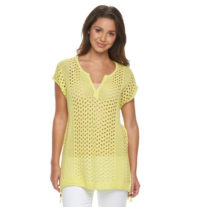 Women's Caribbean Joe Open-work Splitneck Sweater, Size: Small, Yellow Oth