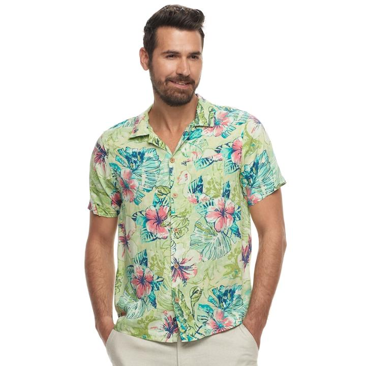 Men's Caribbean Joe Classic-fit Convertible-collar Tropical Button-down Shirt, Size: Xxl, Lt Green