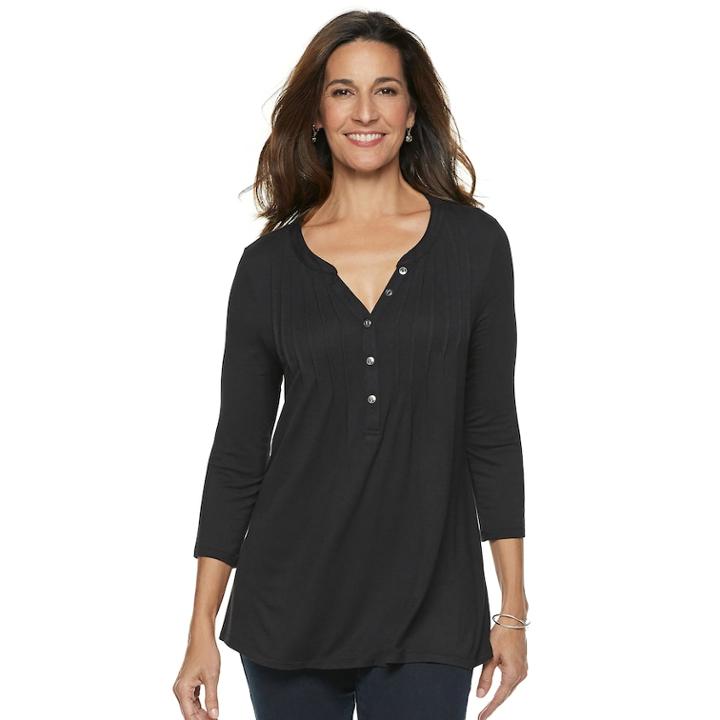 Women's Croft & Barrow&reg; Pleated Henley Top, Size: Small, Black