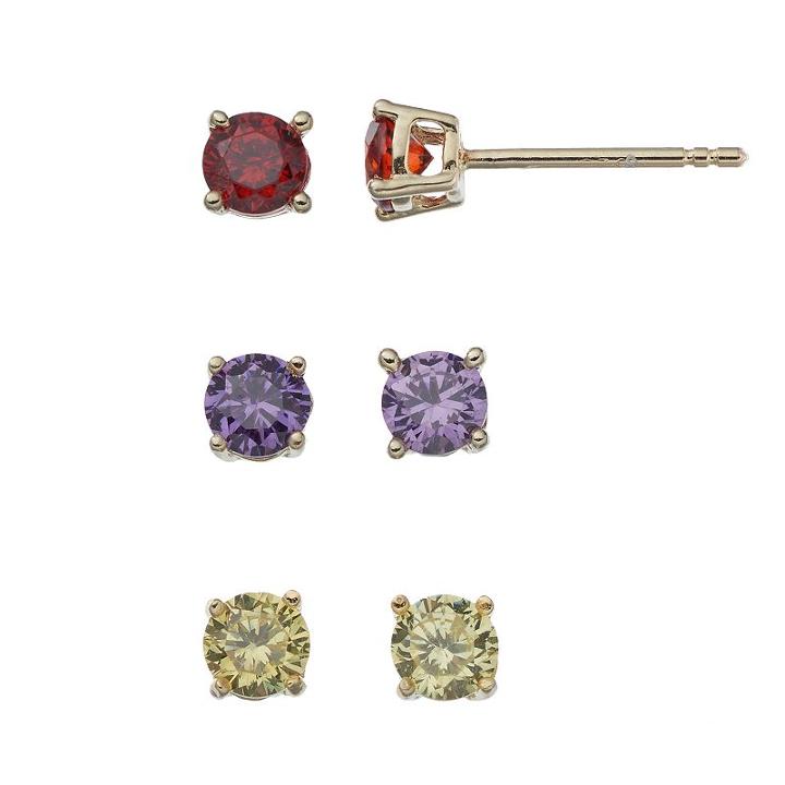 14k Gold Vermeil Cubic Zirconia Stud Earring Set, Women's, Multicolor