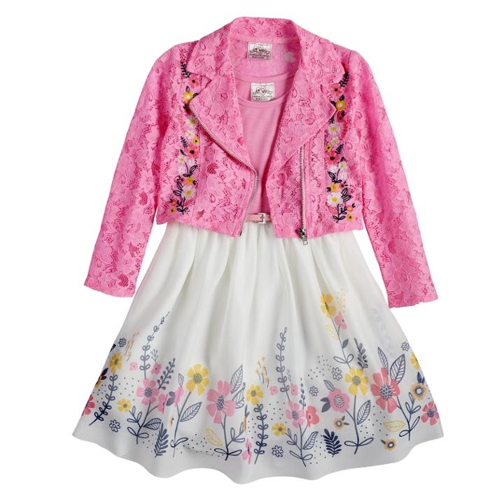 Girls 4-6x Knitworks Floral Embroidered Moto Jacket & Sleeveless Babydoll Dress, Size: 6, Pink