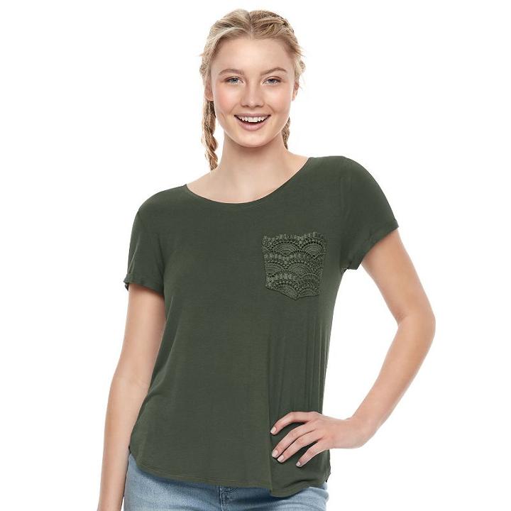 Juniors' So&reg; Crochet Pocket Tee, Girl's, Size: Large, Med Green