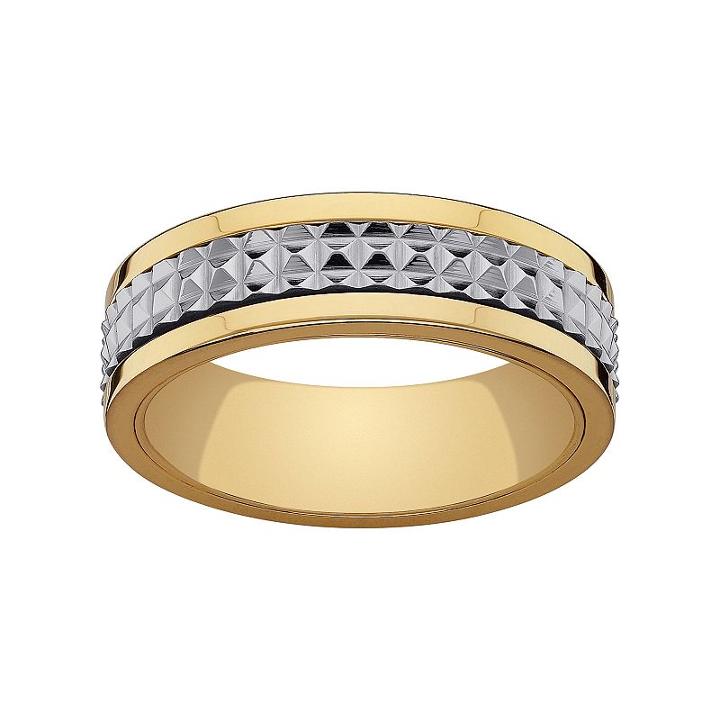 Stainless Steel And Yellow Ion-plated Stainless Steel Textured Spinner Wedding Band - Men, Size: 12