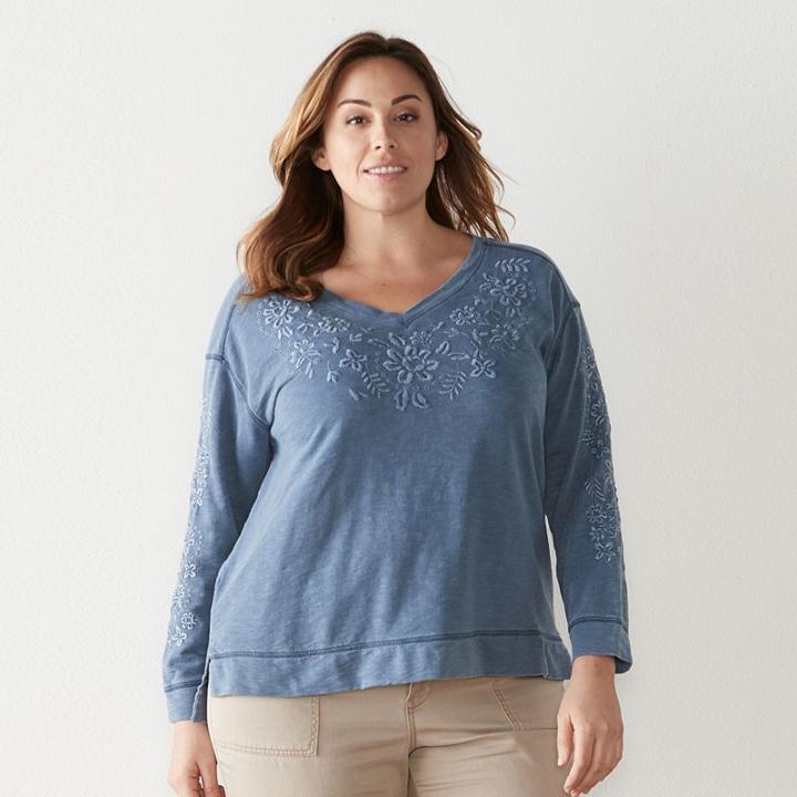 Plus Size Sonoma Goods For Life™ Embroidered French Terry Sweatshirt, Women's, Size: 3xl, Dark Blue