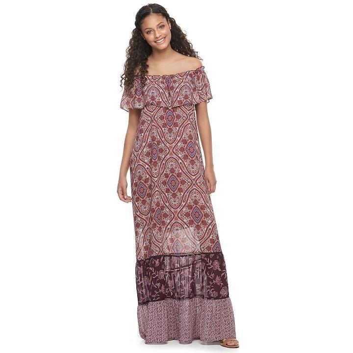 Juniors' Mason & Belle Mixed Print Off Shoulder Maxi Dress, Teens, Size: Xl, Red Overfl