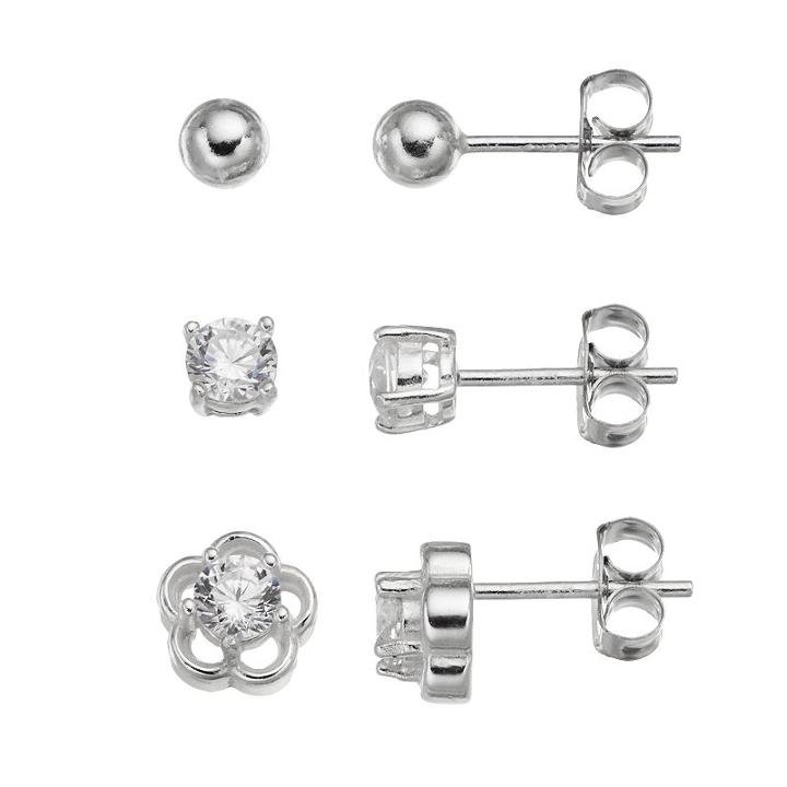 Cubic Zirconia Sterling Silver Flower & Ball Stud Earring Set, Women's, Grey