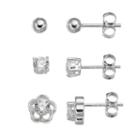 Cubic Zirconia Sterling Silver Flower & Ball Stud Earring Set, Women's, Grey