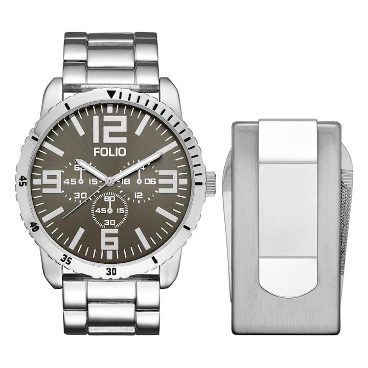 Folio Men's Chronograph Watch & Multi Tool Money Clip Set, Size: Large, Silver