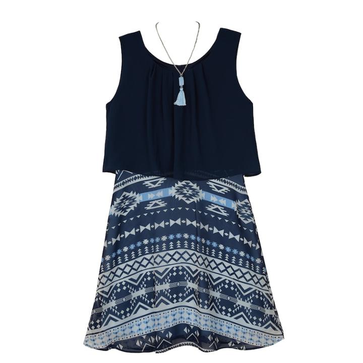 Girls 7-16 Iz Amy Byer Printed Sleeveless Popover Dress With Necklace, Size: 14, Blue (navy)