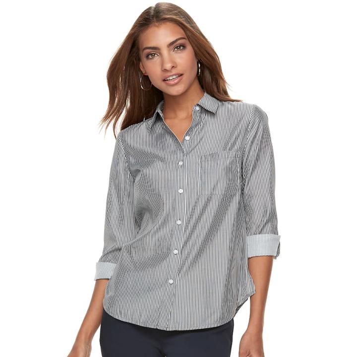 Petite Apt. 9&reg; Roll-tab Button-down Shirt, Women's, Size: L Petite, Dark Grey
