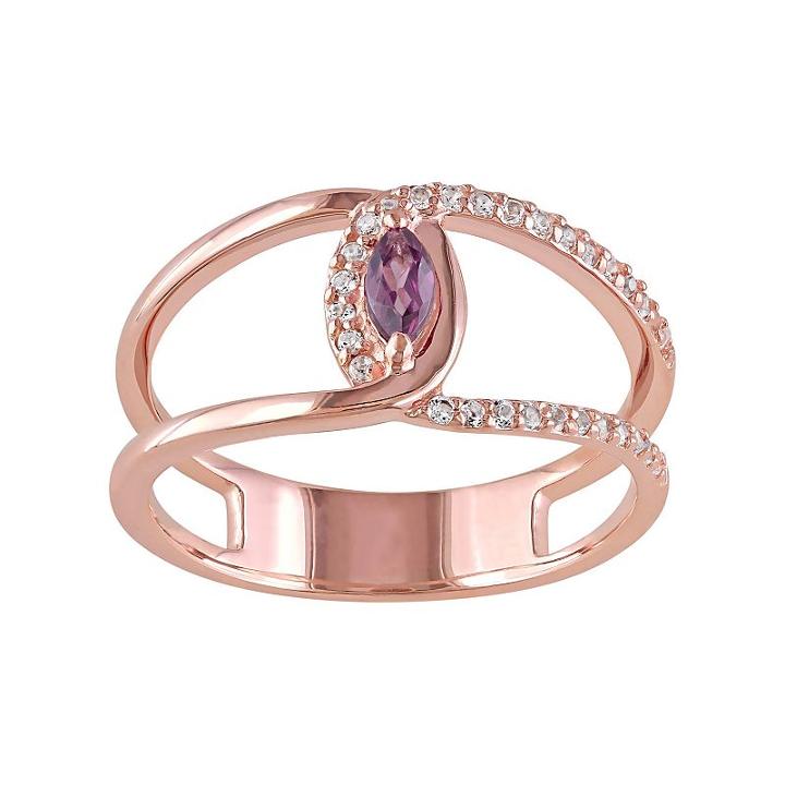Rhodolite & White Topaz Sterling Silver Double Row Marquise Ring, Women's, Size: 6, Pink