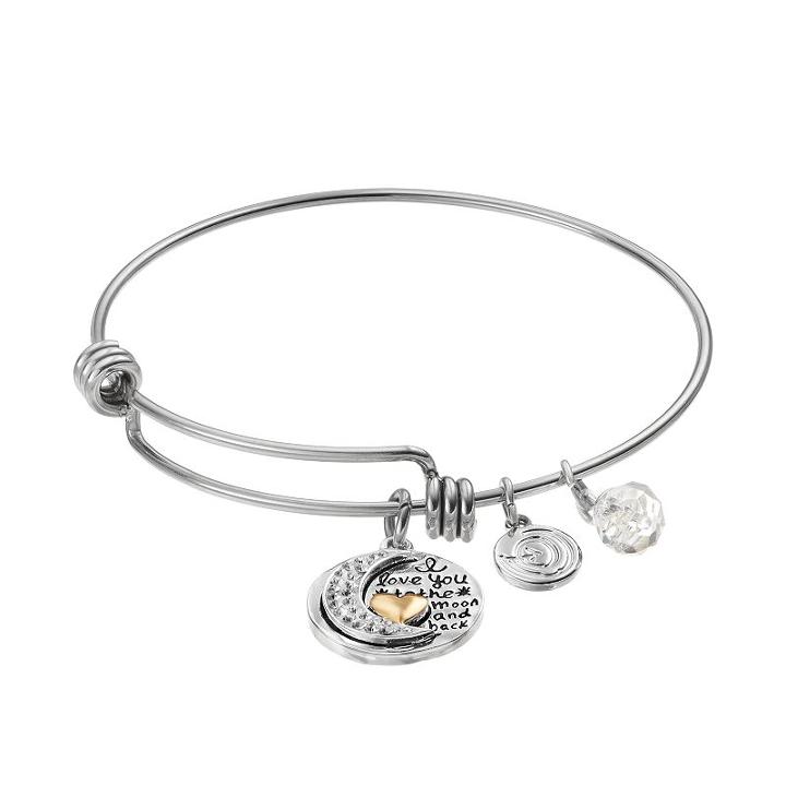 Love This Life Crystal I Love You To The Moon And Back Charm Bangle Bracelet, Women's, Silver