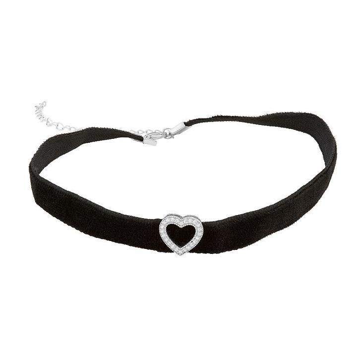 Sterling Silver Cubic Zirconia Heart Velvet Choker Necklace, Women's, Size: 13, White