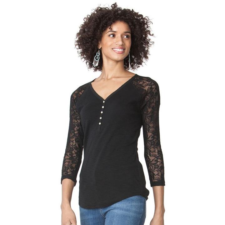 Women's Chaps Lace Henley, Size: Medium, Black