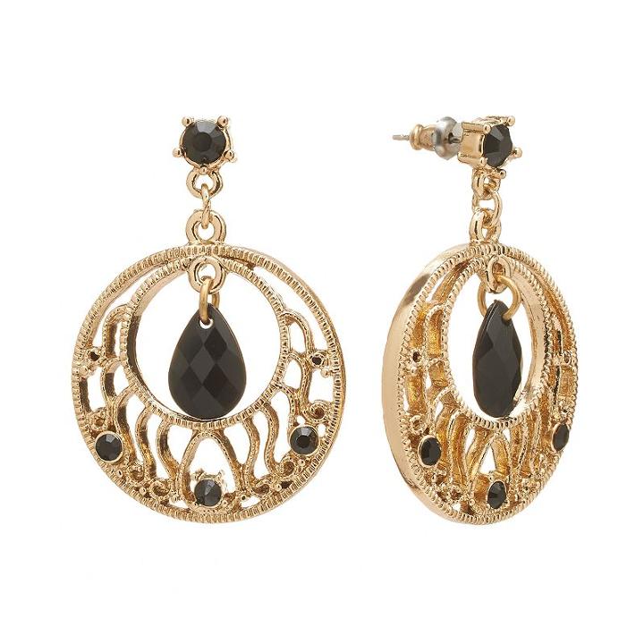 1928 Silver Tone Simulated Crystal Filigree Hoop Drop Earrings, Women's, Black