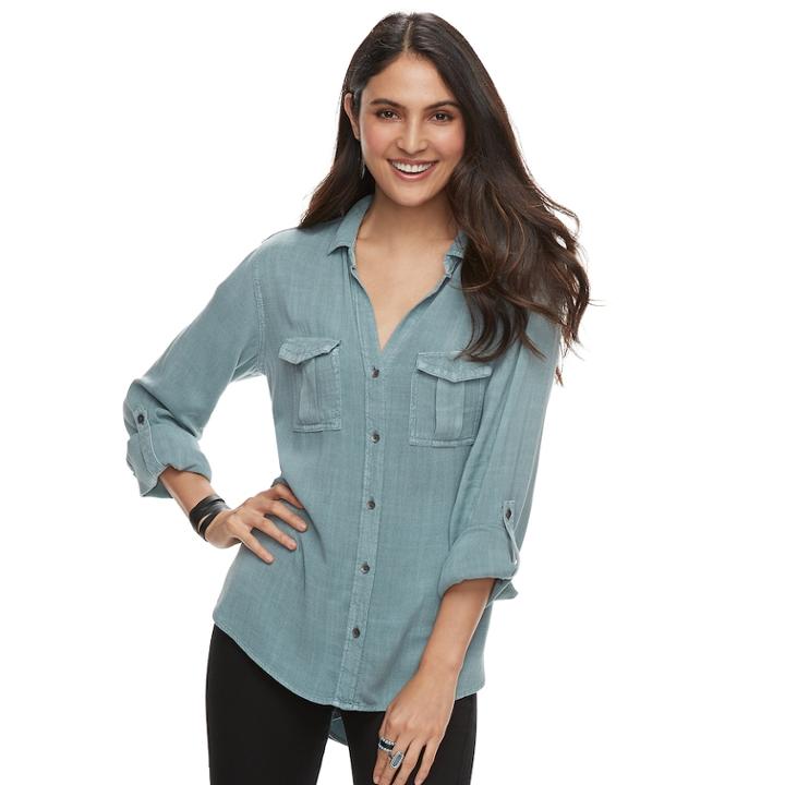Women's Rock & Republic&reg; Twill Shirt, Size: Large, Light Blue
