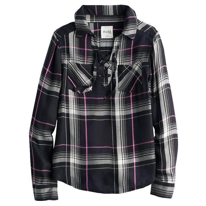 Girls 7-16 & Plus Size Mudd&reg; Lace-up Plaid Popover Top, Size: 14, Black