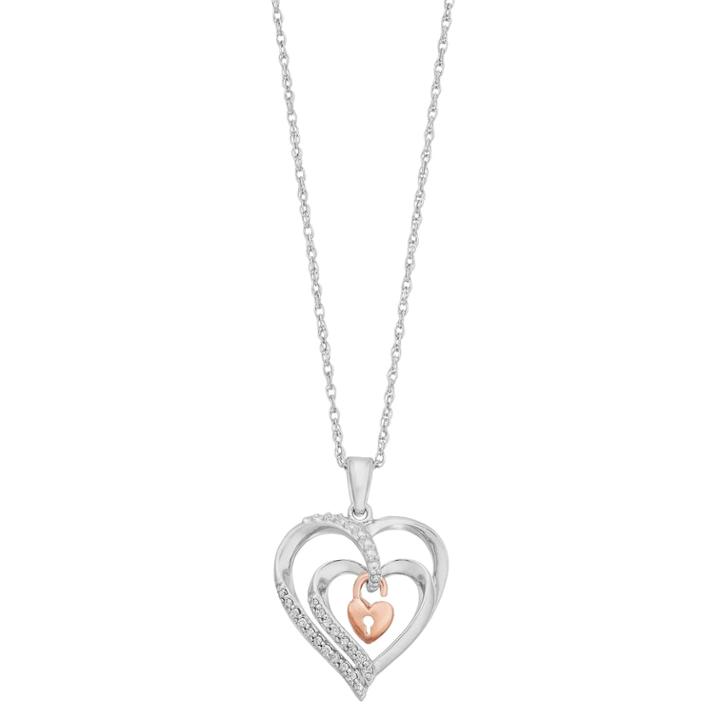 Two Tone Sterling Silver 1/10 Carat T.w. Diamond Heart Pendant, Women's, Size: 18, White