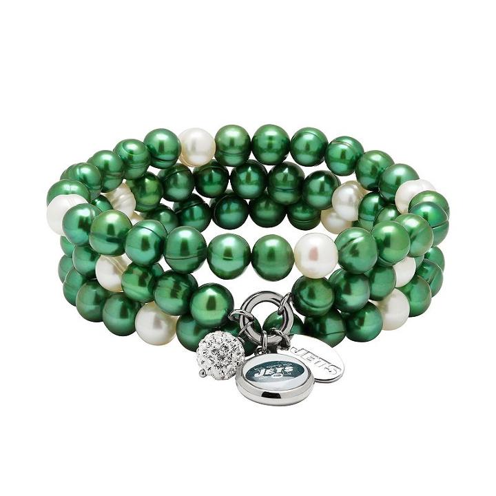 New York Jets Dyed Freshwater Cultured Pearl Team Logo Charm Stretch Bracelet Set, Women's, Green