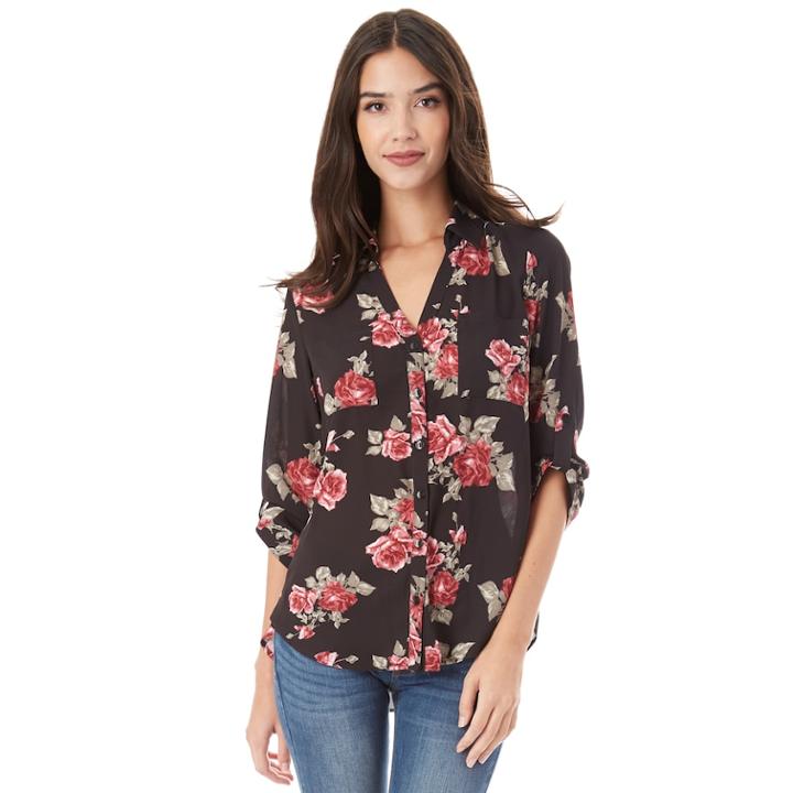Juniors' Iz Byer Roll-tab Shirt, Teens, Size: Medium, Black Floral
