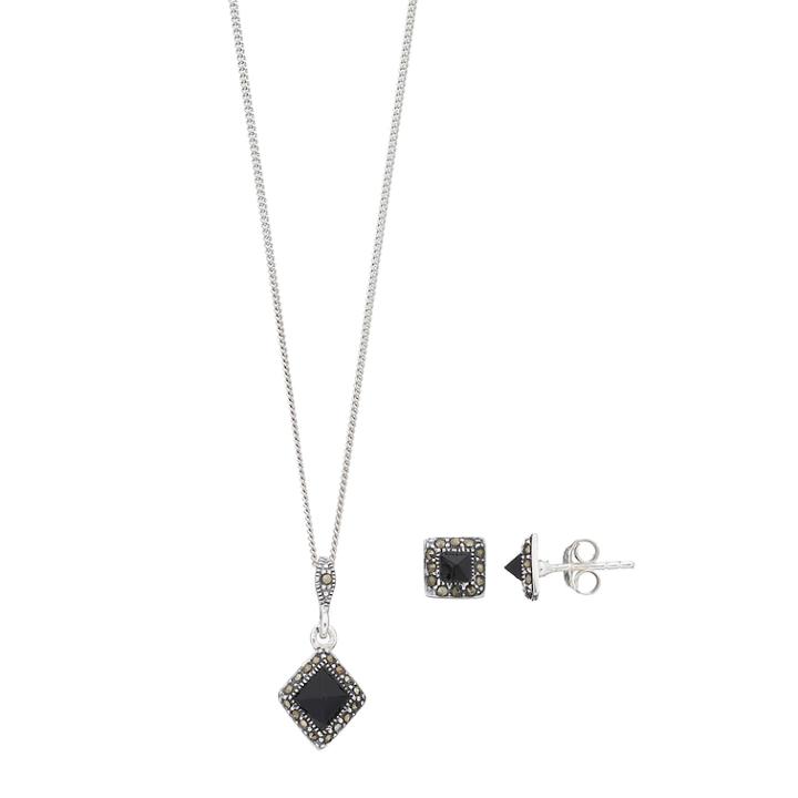 Tori Hill Sterling Silver Onyx & Marcasite Pendant & Stud Earring Set, Women's, Size: 18, Black