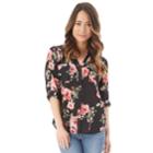 Juniors' Iz Byer Roll-tab Shirt, Teens, Size: Small, Black Grounded Floral