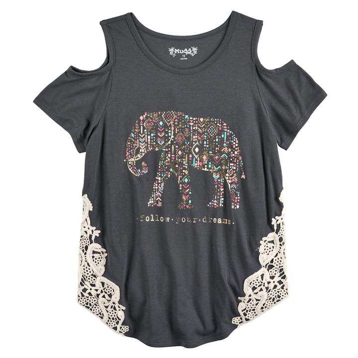 Girls 7-16 Mudd&reg; Cold Shoulder Crochet Pieced Tee, Size: 10, Grey (charcoal)